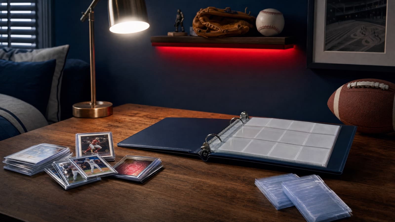 A starter card collection with a binder and sleeves on a kid's desk — best sports cards for beginners