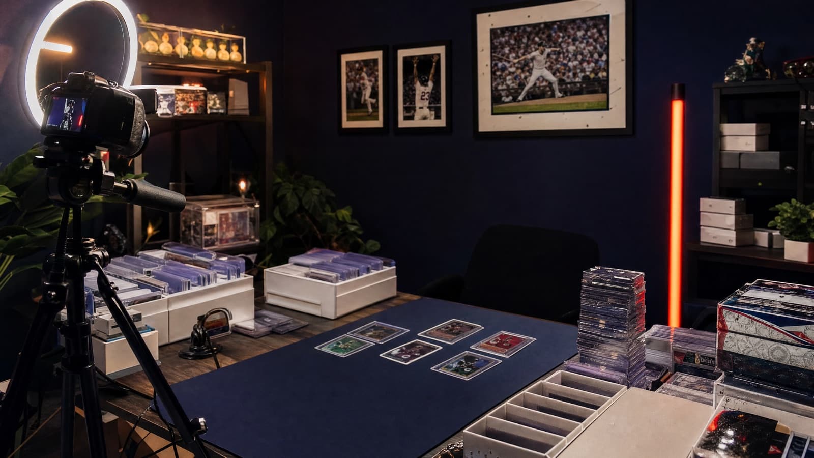 A home livestream studio with a ring light, camera, and trays of trading cards — the best Whatnot card shows setup