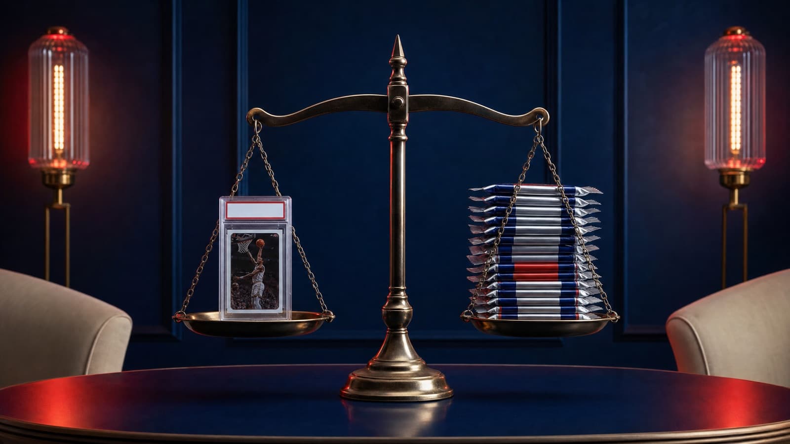 A scale balancing one graded card against a stack of sealed packs — card breaks vs. buying singles