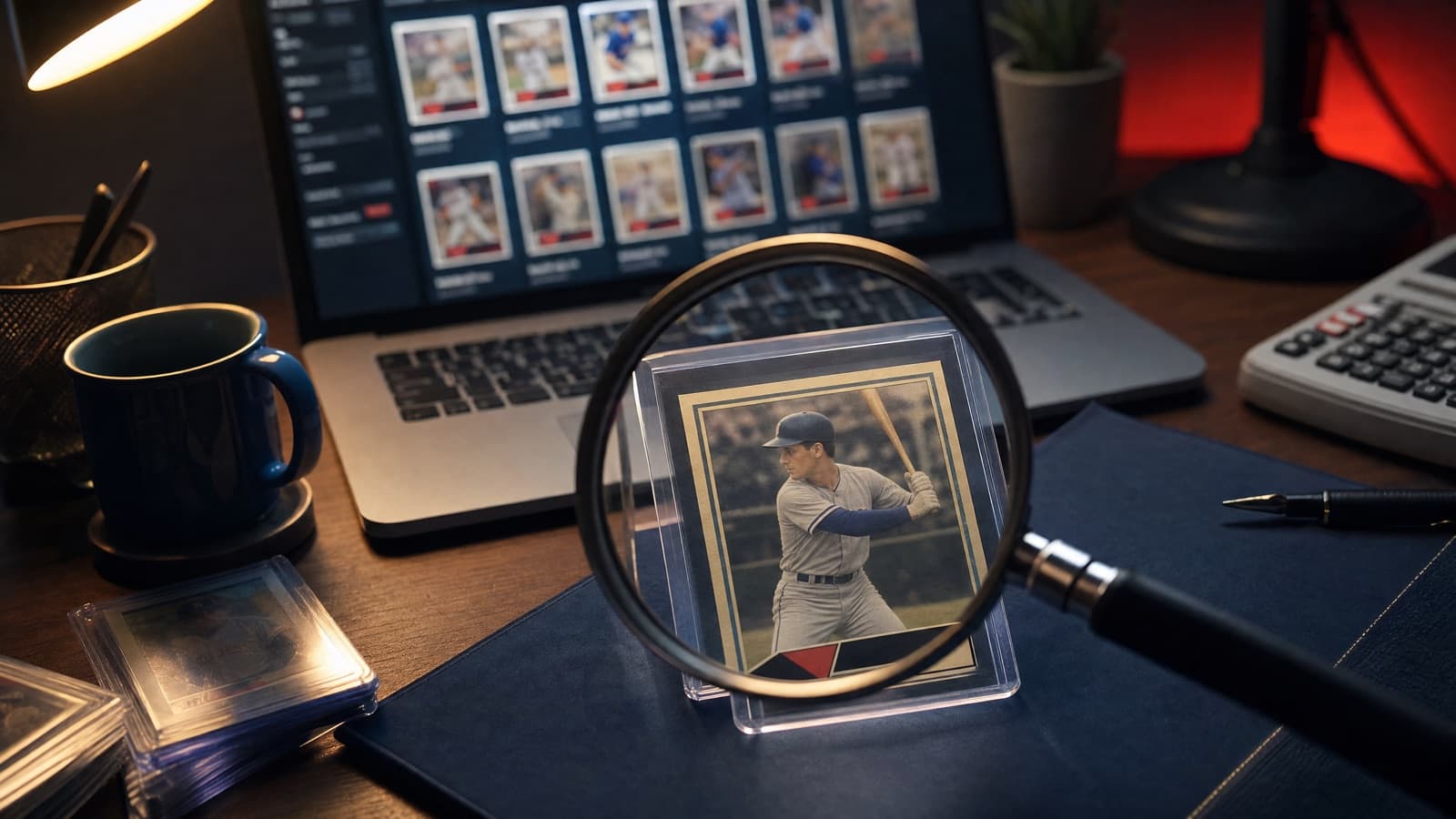 A magnifying glass over a baseball card beside a laptop showing sold listings — checking what sports cards are worth