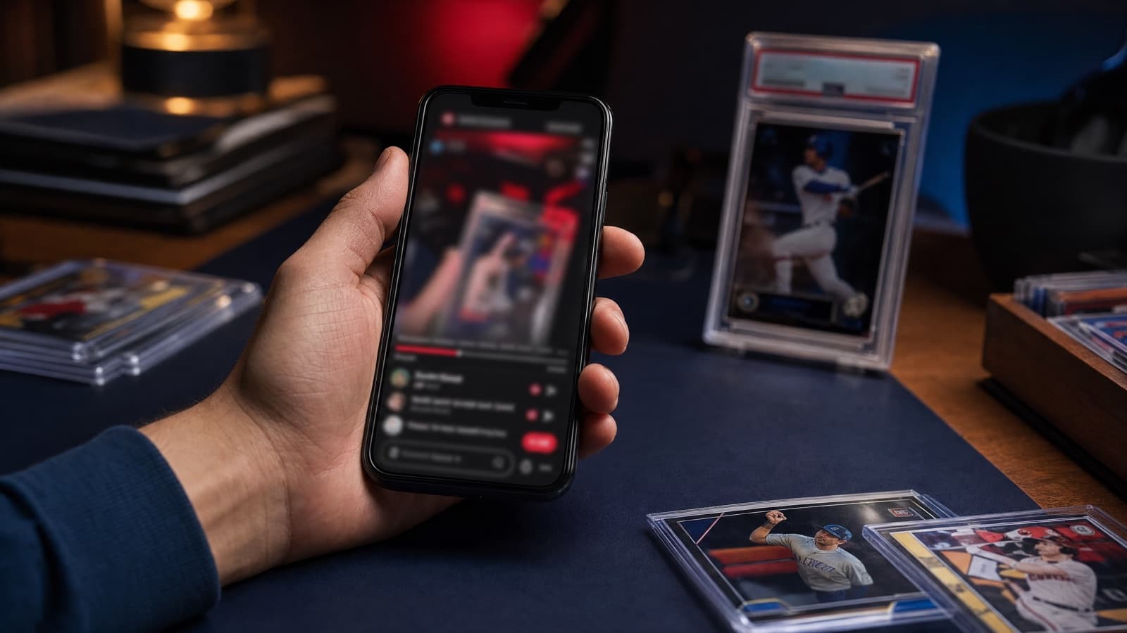 A hand holding a phone showing a live Whatnot card auction with trading cards on the desk
