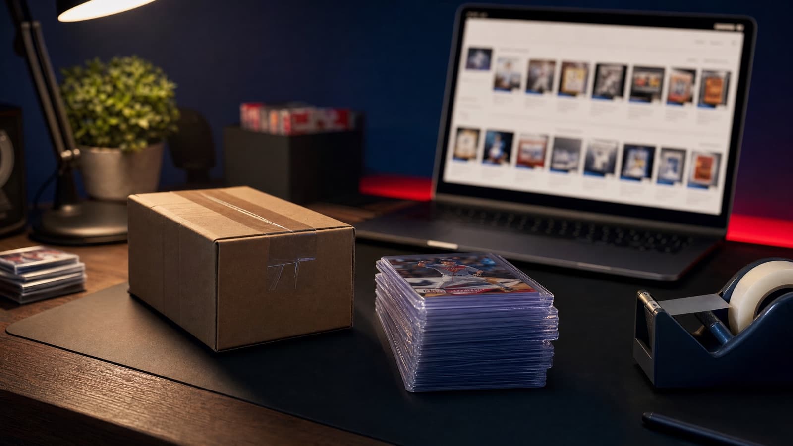 Trading cards being packed for sale beside a laptop and shipping box — how to sell sports cards