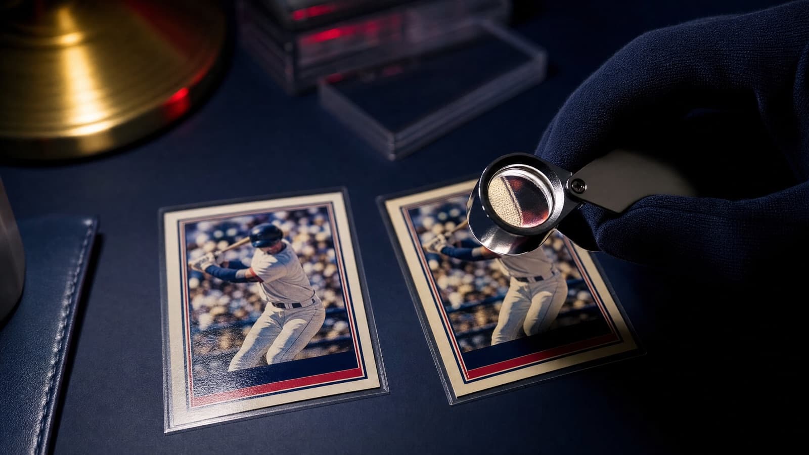 A jeweler's loupe examining a trading card beside a comparison card — how to spot fake sports cards