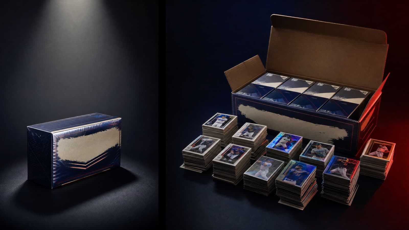One sealed hobby box in a spotlight beside a case of boxes split into many piles — personal break vs. group break