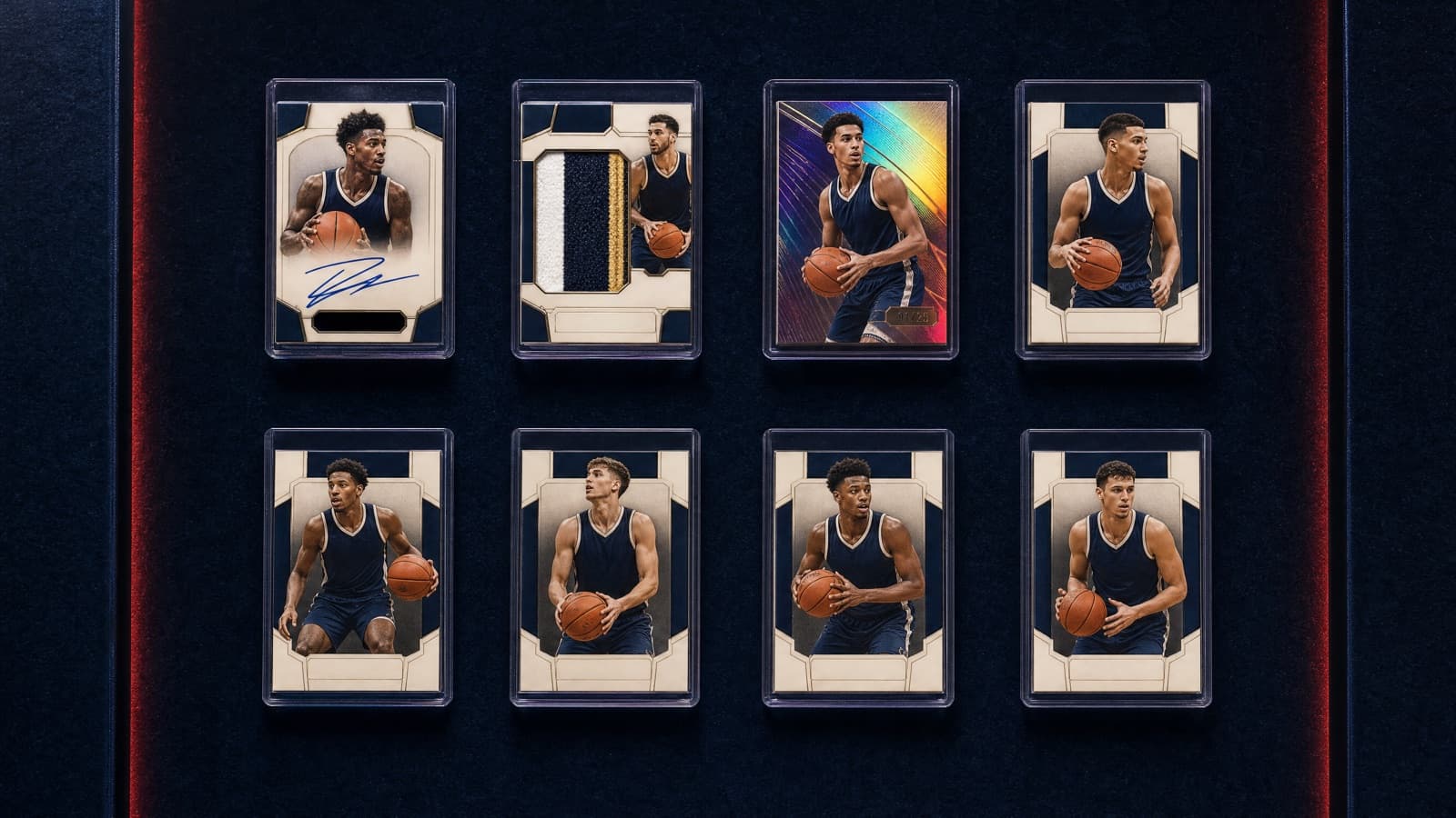 A grid of trading card types — autograph, jersey relic, numbered parallel, and base cards — sports card glossary