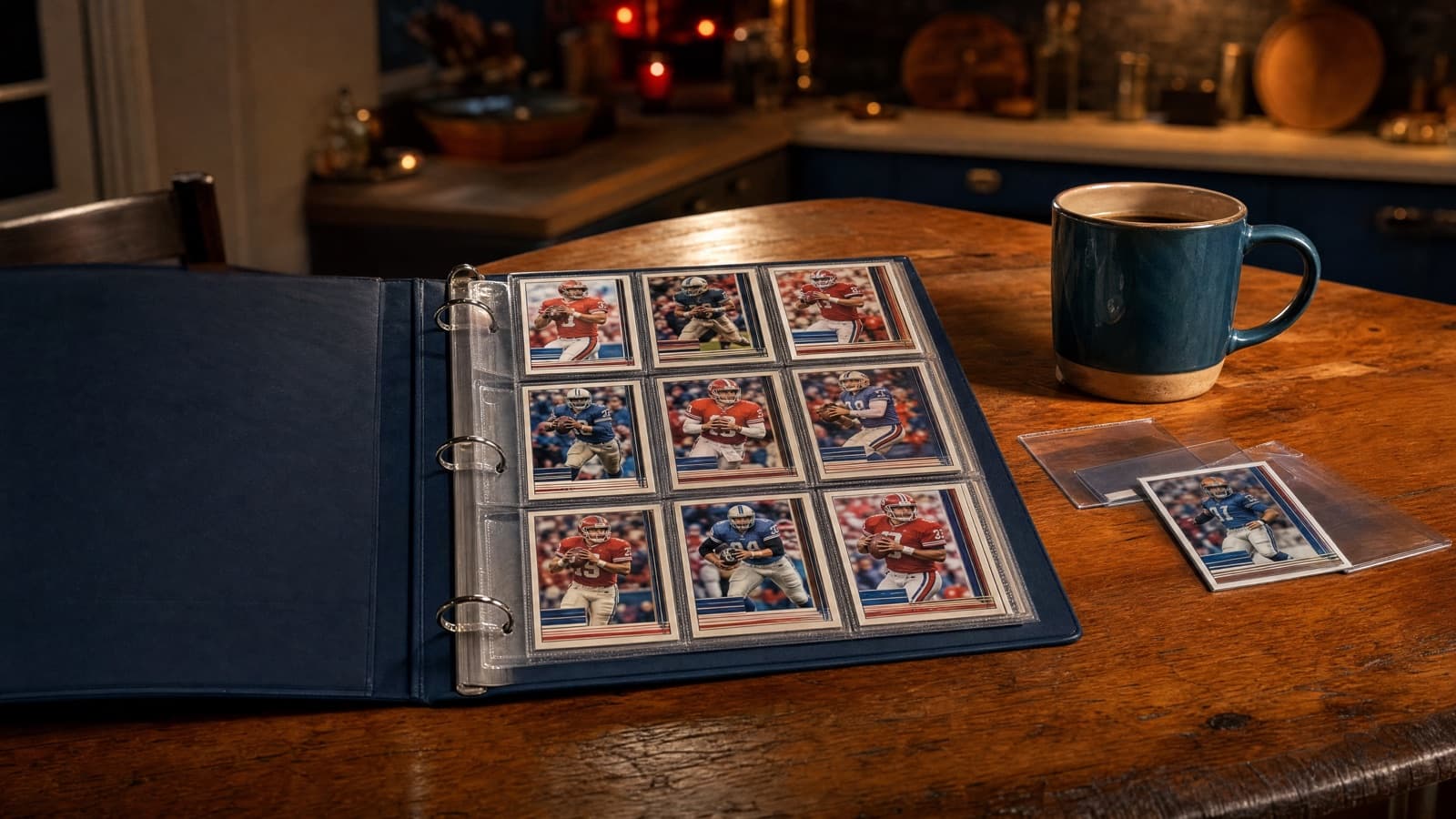 A binder of team football cards with loose sleeved cards on a kitchen table — building a team PC on a budget