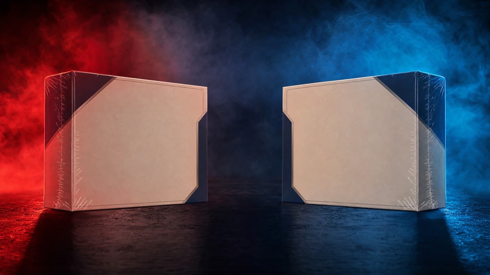 Two sealed card hobby boxes facing off under red and blue light — Topps vs. Panini