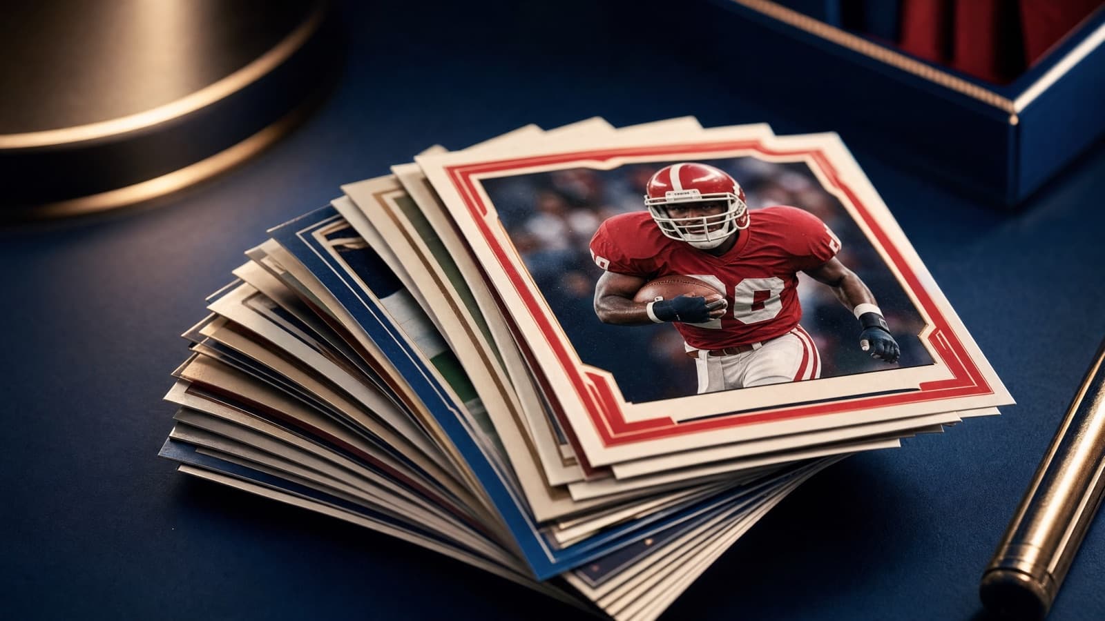 A thick stack of football cards fanned out on a navy table — what a sports card lot looks like