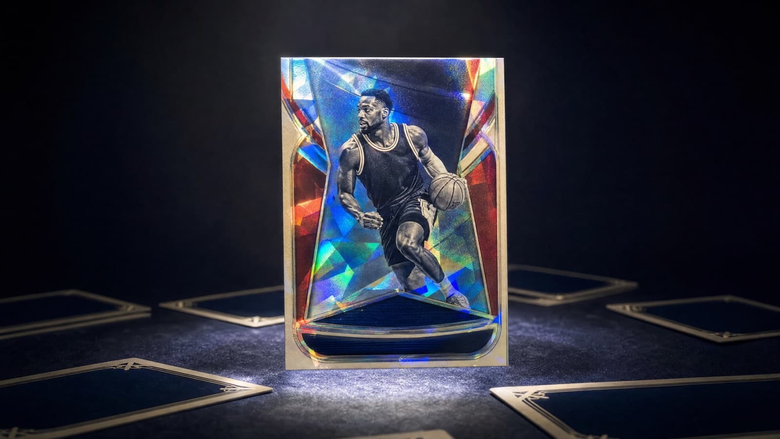 A glowing holographic insert card standing in a spotlight — what a case hit pull looks like