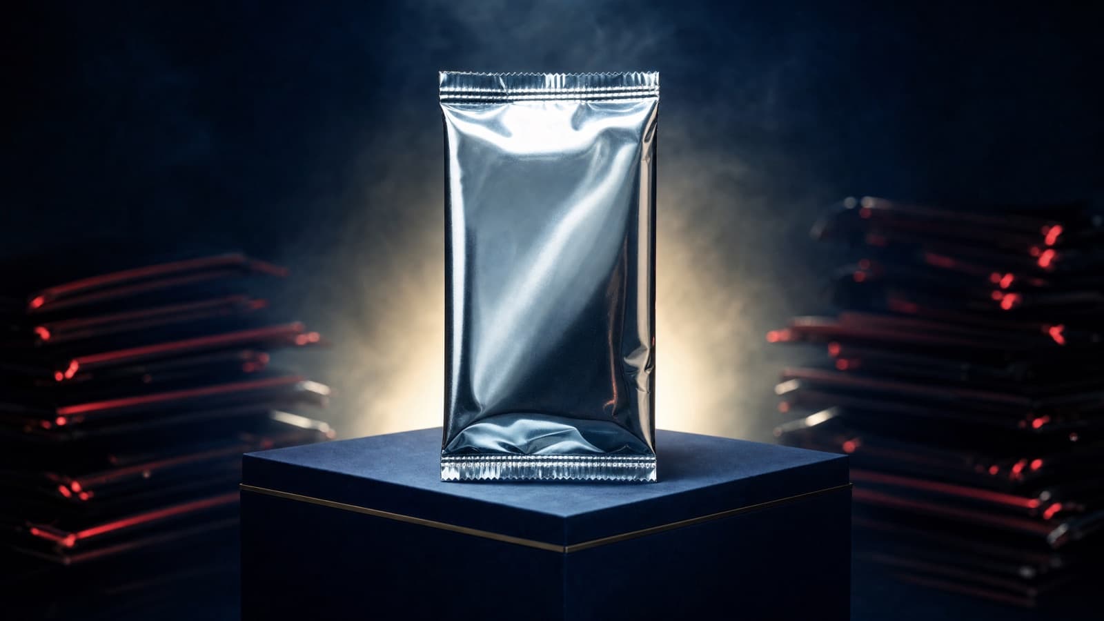 A sealed silver foil mystery pack of trading cards standing under a spotlight