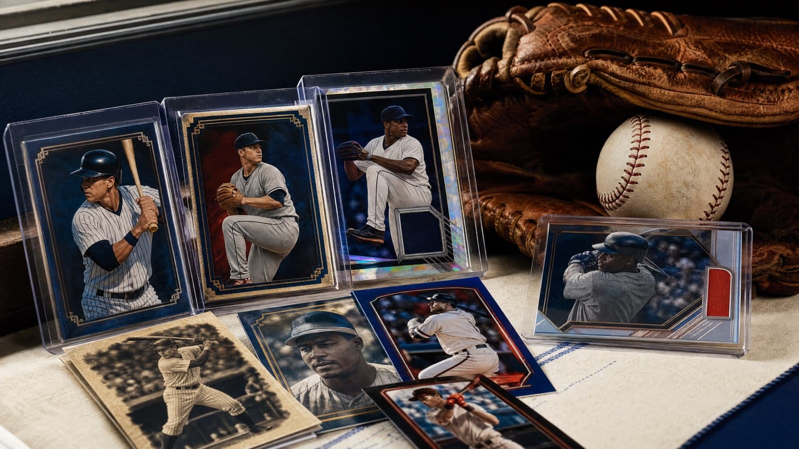 Vintage and modern baseball cards beside a leather glove and a baseball — where to buy baseball cards
