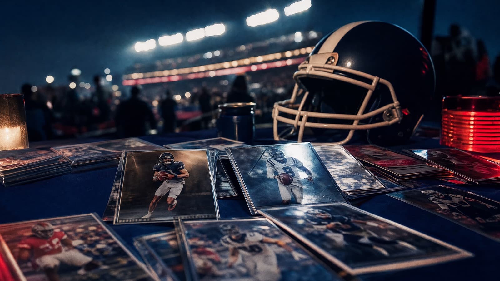 Football cards on a tailgate table beside a helmet with stadium lights behind — where to buy football cards